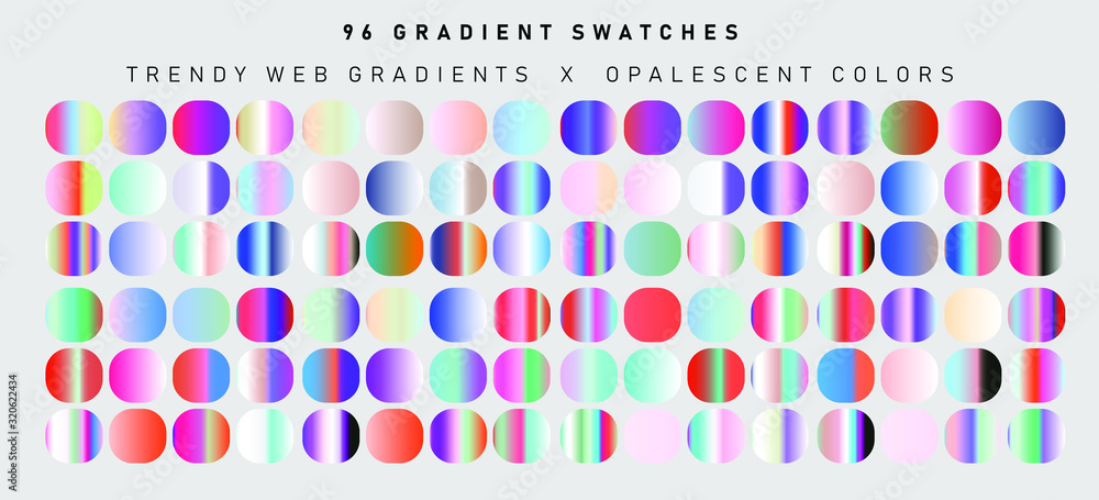 Poster set of iridescent gradient swatches for design. mix of trend colors for 2020 year: opalescent and sh