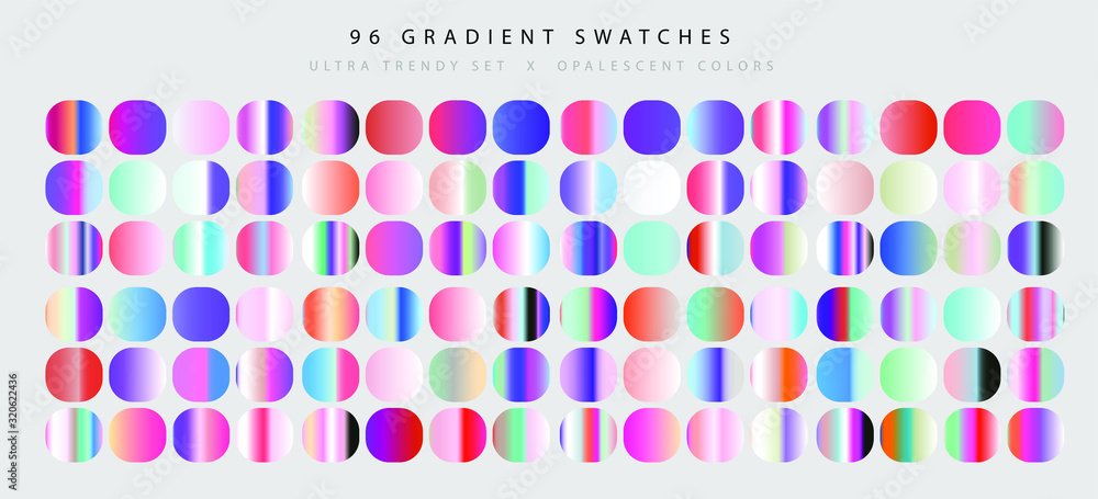Poster set of iridescent gradient swatches for design. mix of trend colors for 2020 year: opalescent and sh