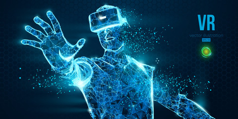 VR headset holographic low poly wireframe vector banner. Polygonal man wearing virtual reality glasses, helmet. VR games playing. Particles, dots, lines, triangles on blue background. Neon light.