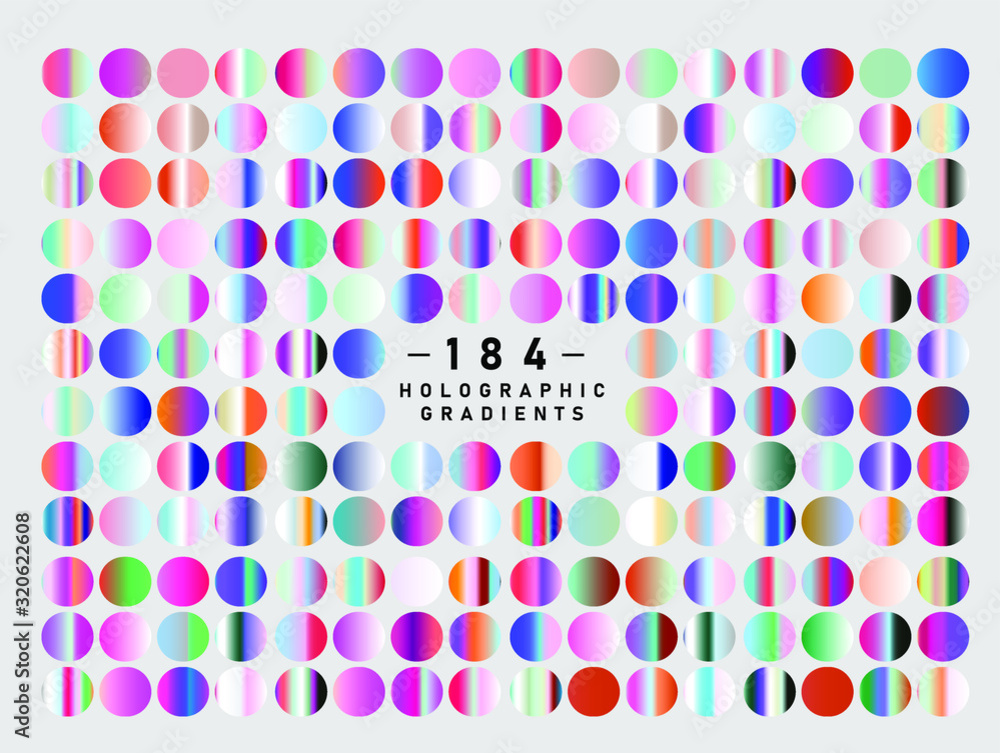 Poster set of iridescent gradient swatches for design. mix of trend colors for 2020 year: opalescent and sh