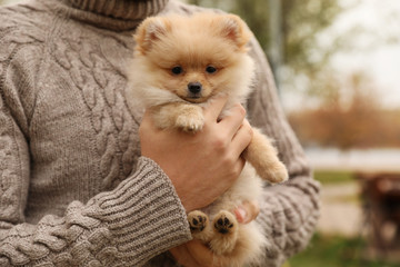 Man with small fluffy dog outdoors on autumn day, closeup