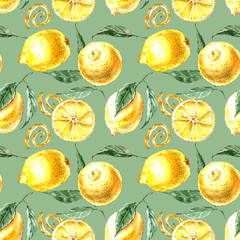 modèle sans couture de citrons jaunes avec des feuilles vertes sur fond vert, illustration aquarelle