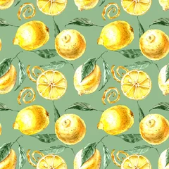 Photo sur Plexiglas Citrons modèle sans couture de citrons jaunes avec des feuilles vertes sur fond vert, illustration aquarelle