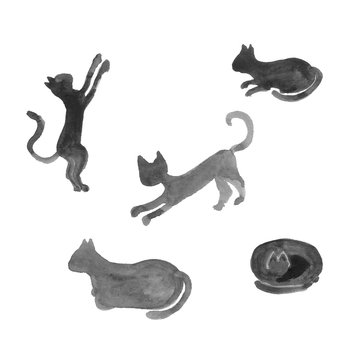 Set of silhouettes of watercolor cats.