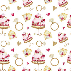 Seamless pattern with watercolor illustrations of wedding theme, wedding cake, ring and envelope on a white background.