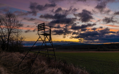 High seat near field with railway and beautiful sunrise heaven in south Bohemia