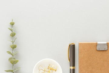 Coffee cab pen notepad office top view with copy space for your text. flat lay.