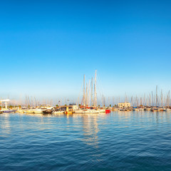 Fototapeta na wymiar Panoramic view of colorful boats and yachts in harbor of Split