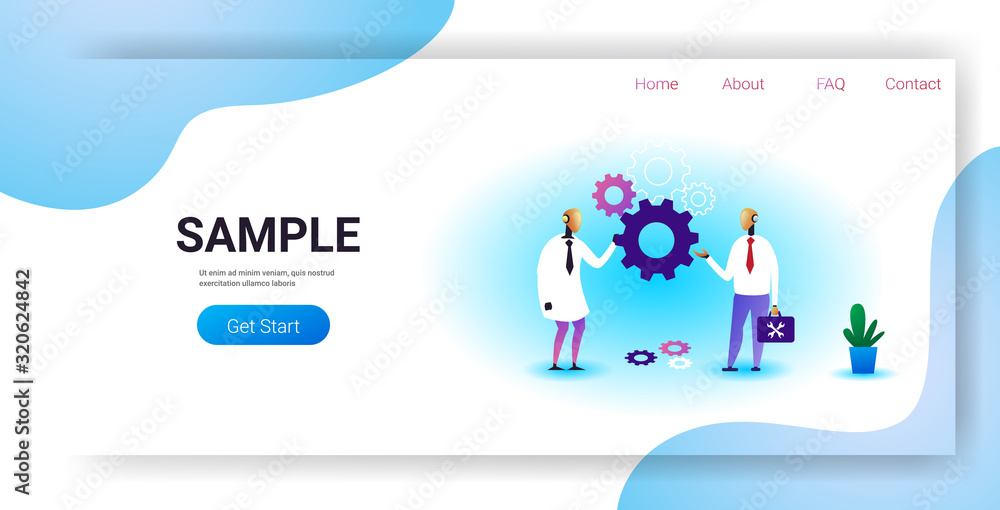 Poster two robots holding cog wheel brainstorming process artificial intelligence technology teamwork conce