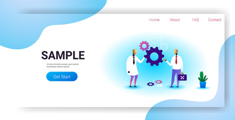 two robots holding cog wheel brainstorming process artificial intelligence technology teamwork concept horizontal full length copy space vector illustration
