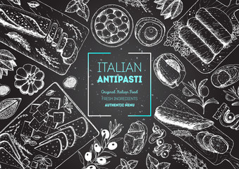 Obraz na płótnie Canvas Italian food top view. A set of Italian Antipasti. Food menu design template. Vintage hand drawn sketch vector illustration. Engraved image