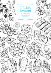 Italian food top view. A set of Italian Antipasti. Food menu design template. Vintage hand drawn sketch vector illustration. Engraved image