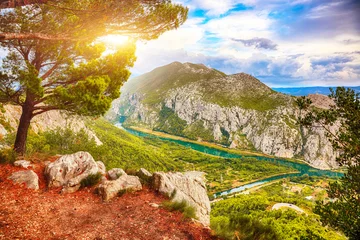 Stoff pro Meter Beautiful aerial panoramic view of Cetina river canyon and mouth in Omi © pilat666