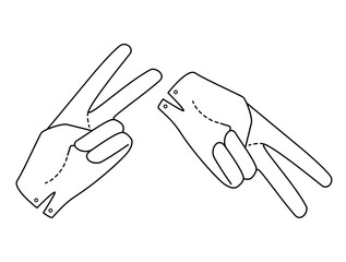 Set Hand in glove with two extended fingers. Sign. Vector linear illustration.