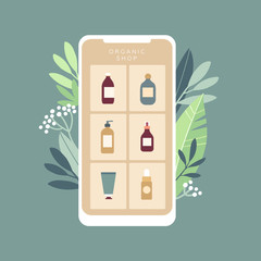 Mobile app of cosmetics shop. Set of natural cosmetics bottles from organic plants. Green plants and phone. Vector illustrations in flat design style