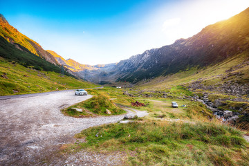 View of Transfagarash highway and valley in mountains of Romania
