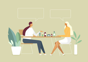 Young beautiful women at the desk talk about natural organic cosmetics for body care and beauty. People speak with speech bubbles. Design template for your business or education concept project