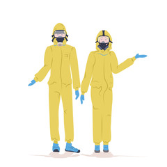 man woman in hazmat suits and protection masks to prevent epidemic MERS-CoV wuhan coronavirus 2019-nCoV pandemic medical health risk full length vector illustration