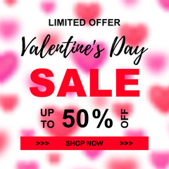 Poster Valentine's Day Sale. Background with 3d Mesh hearts. Up to 50 off. Limited Offer.Vector Illustration.