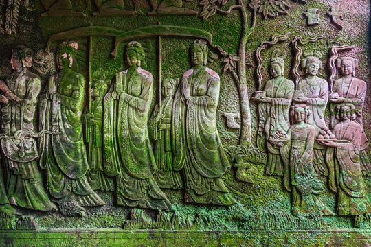 Sculptures in Leshan Giant Buddha Park, Sichuan, China