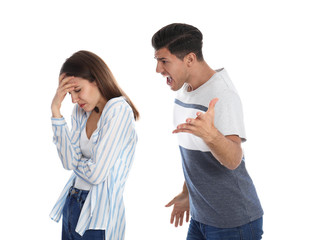 Man shouting at his girlfriend on white background. Relationship problems
