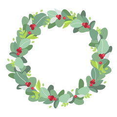 Christmas wreath. Plant crown of leaves and red berries. White background isolated. Place for text. Cartoon vector illustration in flat design style. Template for greeting, Christmas card, banner