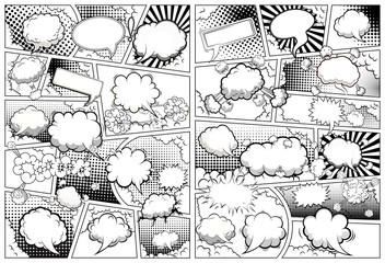 Comic book black and white page template divided by lines with speech bubbles. Vector illustration. © yayasya
