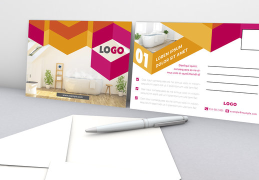 Postcard Layout with Pink and Orange Geometric Elements