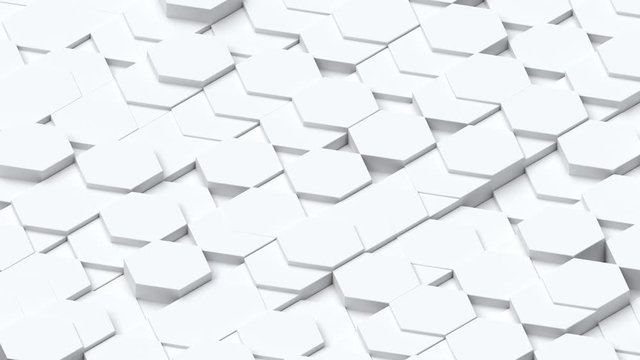 isometric perspective 3d render of white abstract hexagon geometric shapes moving chaotically. 4k seamless loop animation. Business presentation background.