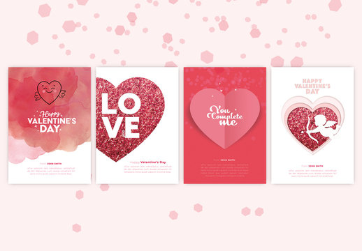 Valentine's Day Card Layout Set with Pink Glitter Heart Illustrations