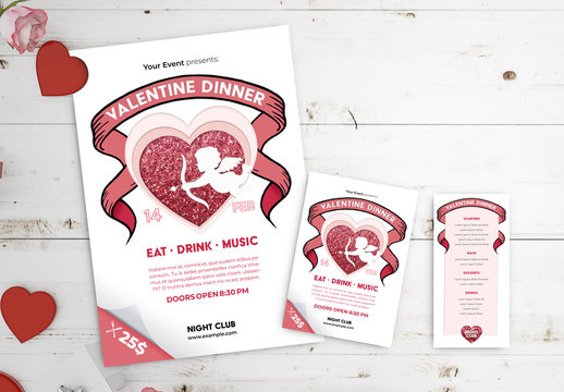 Valentine's Day Dinner Event Flyer Layout Set with Glitter Hearts and Banner Illustrations
