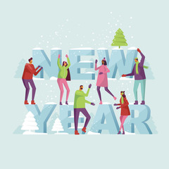 ny_06Characters collection. Happy colorful people having fun at winter party. Cartoon vector illustration in flat design style. Young boys and girls celebrate and dancing. Ice inscription 