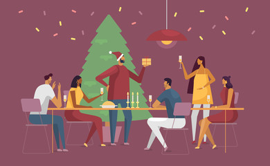 Christmas vector illustration in flat design. Young men and women celebrate at the same table. Template for your design. Merry christmas and Happy new year. 