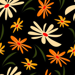 Seamless pattern with flowers in orange tones on a black background. Vector. Suitable for wrapping paper, covers, wallpapers. For packaging design. Spring mood