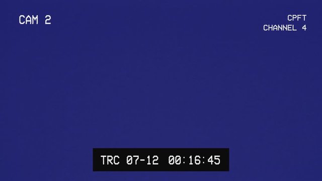 Bluescreen CCTV Security Camera Video with time, channel, camera number and vhs noise effect. Street camcorder screen. Surveillance Monitor. Recording effect. Date and timecode. 4K footage