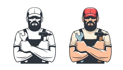 Handy man with hammer and wrench. Repairman mechanic. Retro isolated vector illustration.