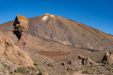  View of Roques de García unique rock formation with famous Pico del Teide mountain volcano summit in the background on a sunrise, Teide National Park, Tenerife, Canary Islands, Spain
