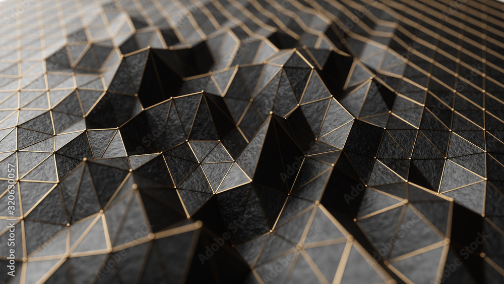 Poster abstract 3d illustration cg low polygonal black surface. geometric triangular lines. 3d render motio