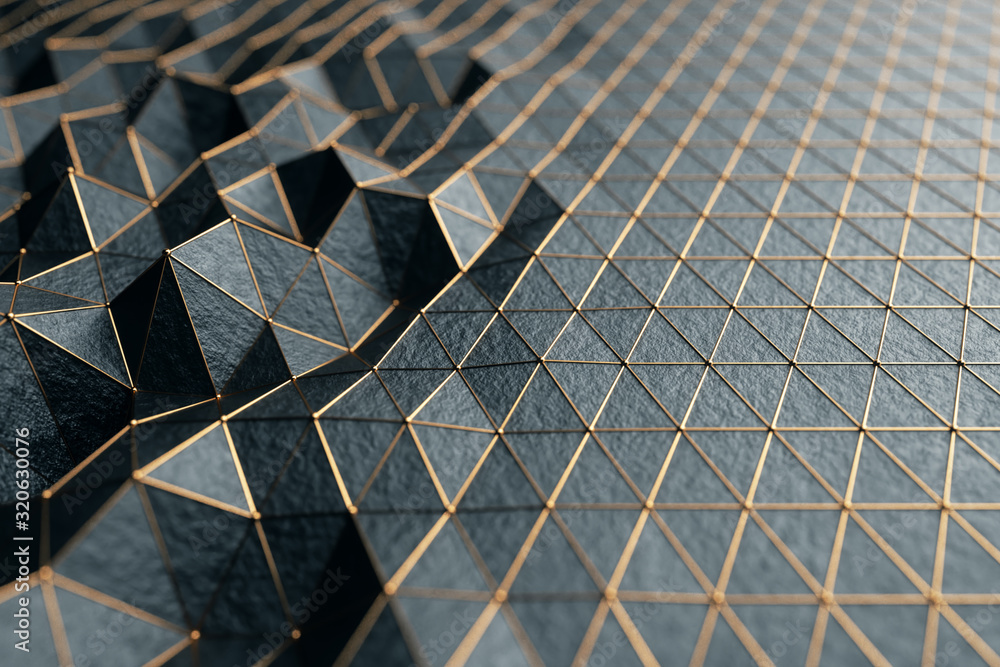 Poster abstract 3d illustration cg low polygonal black surface. geometric triangular lines. 3d render motio