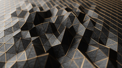 Abstract 3d illustration cg low polygonal Black surface. Geometric triangular lines. 3d render motion technology background. Triangle segments. Luxury backdrop. Gold neon wireframe lines