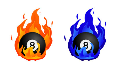 Flying black billiard eight ball in fire 