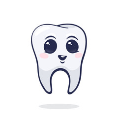 Vector illustration. Happy smiling healthy baby human tooth with eyes. Symbol of somatology and oral hygiene. Graphic design with contour for packaging, signboard. Isolated on white background