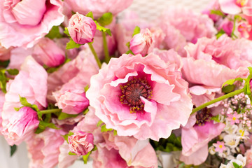 Pink poppy artificial textile flower close-up. Background backdrop design interior decoration. Fake wildflowers bright pink magenta color