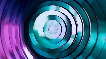 Abstract pattern of circles with the effect of displacement. Modern ultraviolet blue purple neon light. Clean rings animation. Abstract background for business presentation. 3d illustration