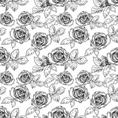 Roses with leaves in line art style. Seamless pattern.