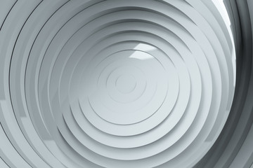 Fototapeta na wymiar Abstract pattern of circles with the effect of displacement and rotation. White clean rings animation. Reflective surface. Abstract background for business presentation. 3d illustration