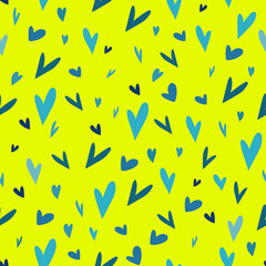 Blue hearts on yellow background.Vector seamless pattern.Can be used for textiles,wrapping paper,wedding cards,design elements for cards,invitations,websites and wallpapers.Valentine's Day.