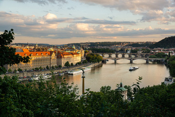 Fototapeta na wymiar Prague landscape in the Czech Republic. Postcard from Prague. Sunset in Prague. European summer. Charles Bridge.