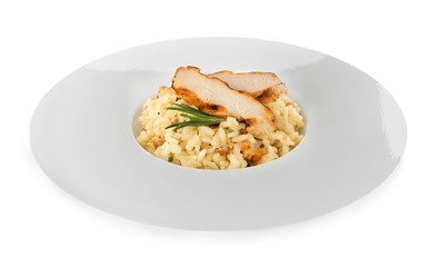 Delicious chicken risotto with rosemary isolated on white