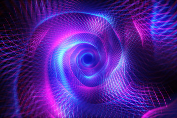 Abstract technological flight in digital space. Bright neon dots forming a data transmission tunnel. Modern ultraviolet blue purple light spectrum. 3d illustration